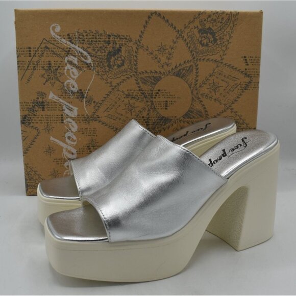Free People EU 39.5 US 9 Zoe Platform Silver Metallic Leather Slide Sandal Shoes - Picture 1 of 13